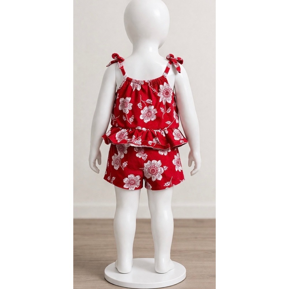 Carters Girls 3T Red Floral Short Set Peplum Tie Shoulder Summer Outfit 2pc Kids